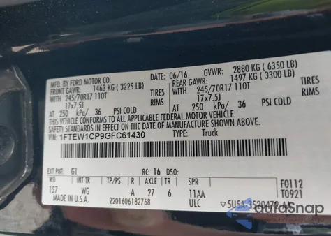 2016 Ford F-150 Xl from USA, damaged, VIN 1FTEW1CP9GFC61430